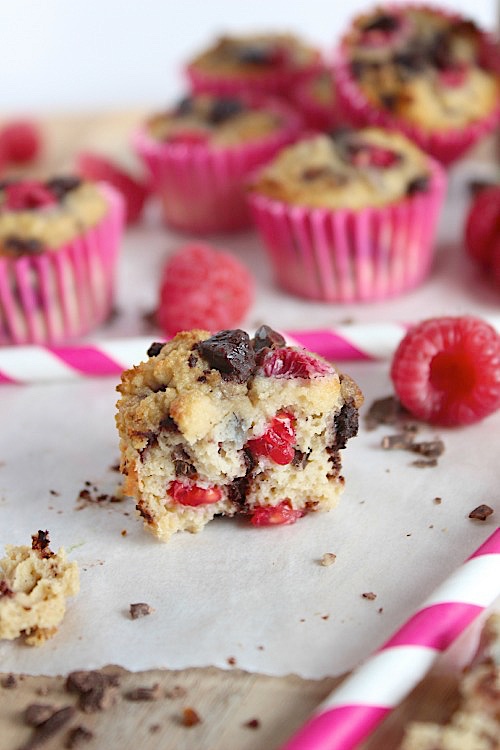 Coconut Raspberry & Dark Chocolate Mini Muffins {Gluten Free & Paleo Friendly}  - www.betterwithcake.com