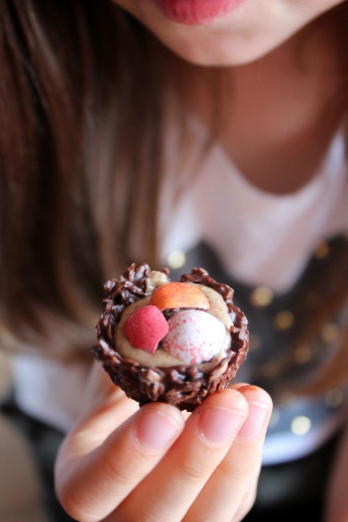 Dark Chocolate Almond Butter Filled Coconut Nests {Paleo