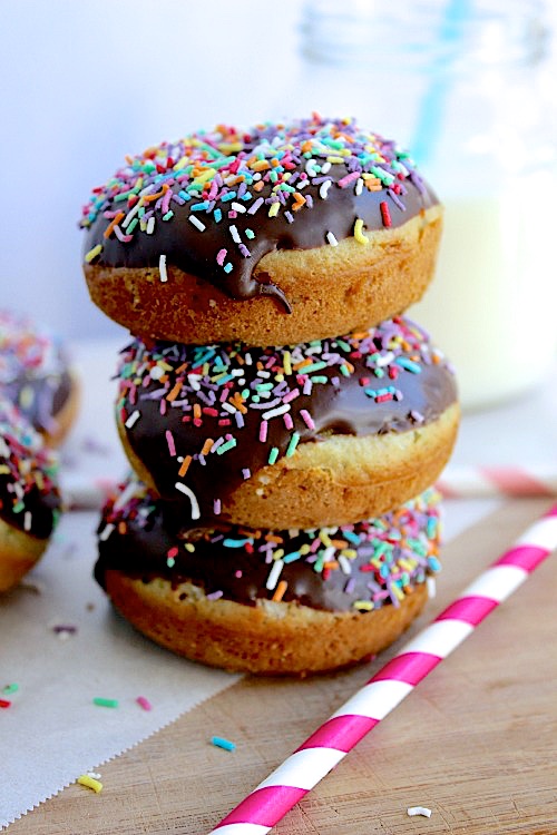 Vanilla Funfetti Donuts {Baked} with Chocolate Hardshell Glaze - Gluten Free - Grain Free - Paleo - www.betterwithcake.com