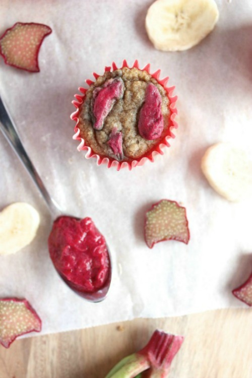 Banana and Roasted Rhubarb Mini Muffins {Low carb, grain free & Paleo Friendly}