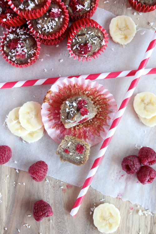 Banana Raspberry and Coconut Mini Muffins {Low carb, Grain Free & Paleo friendly}