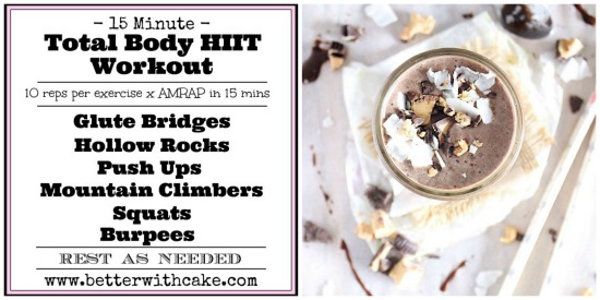 15 Minute {No Equipment} Total Body HIIT Workout & Healthy Chocolate Peanut Butter Cup Smoothie