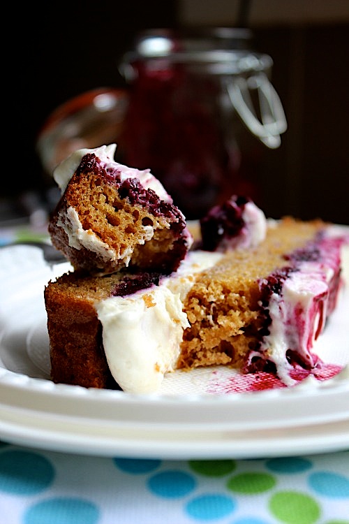 Brown Sugar Shortcake with Roasted Blueberries and Whipped Vanilla Cream Cheese Frosting