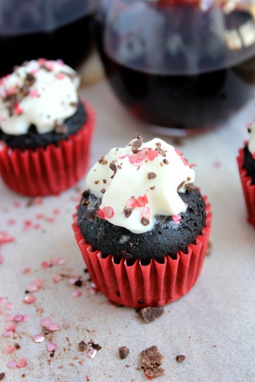 Dark Chocolate Chip Grown Up Red Velvet {Mini} Cupcakes