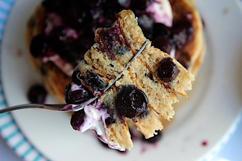 Roasted Blueberry, Vanilla and Greek Yoghurt Wholewheat Pancakes