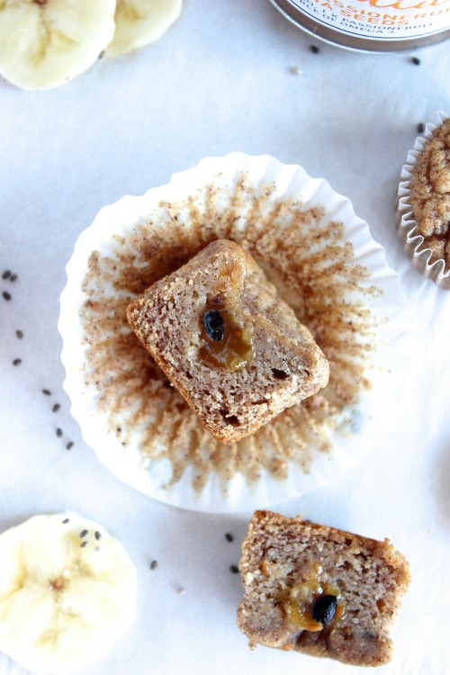 Mango, Passionfruit and Chia Jam Filled Banana Muffins {Low carb, Grain free & Paleo Friendly}