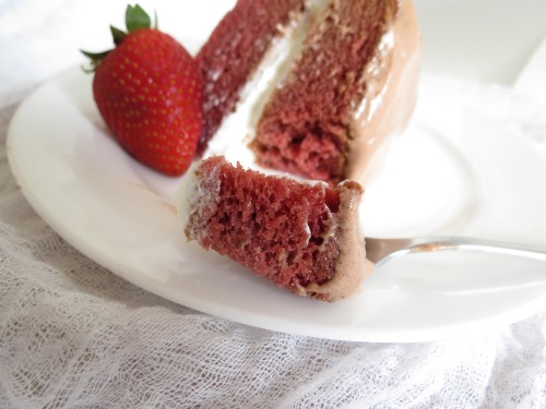 Strawberry Vanilla Layer Cake with Chocolate Yoghurt Frosting