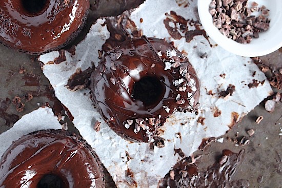 {Baked} Choc Chip Mocha Donuts with Salted Dark Chocolate Espresso Glaze