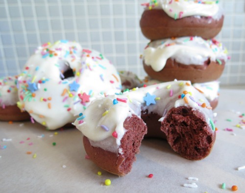Red Velvet Donuts with Whipped Vanilla Cream Cheese Frosting